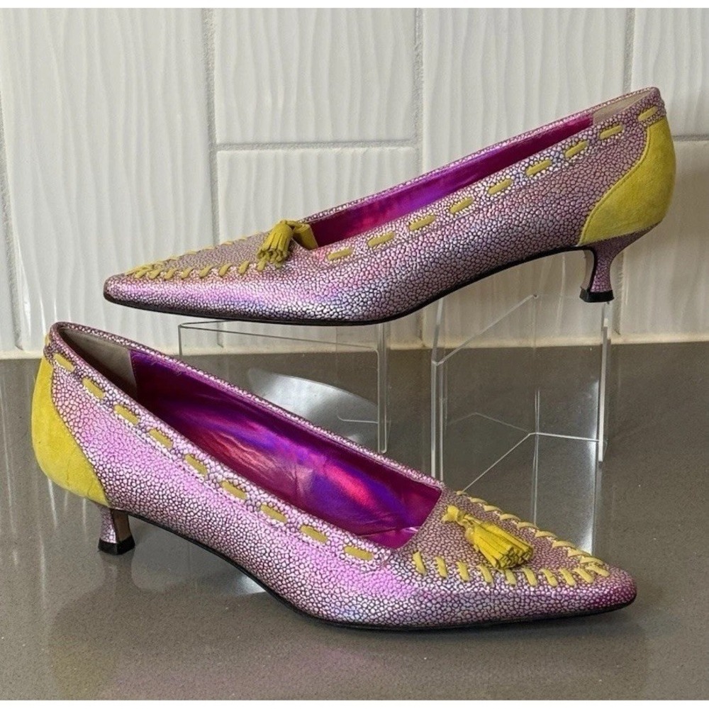 TERRE PECK Pumps Leather Metallic Pink Sz 8M Kitten Heel Made In Italy Shoes EUC